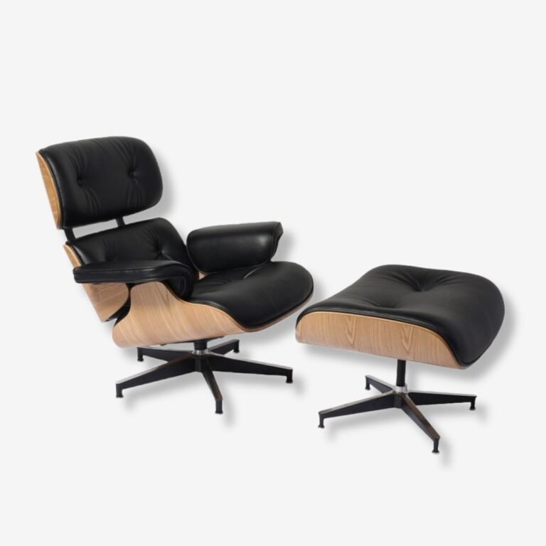 Front view of the Charles Eames Lounge Chair Replica with black Italian leather and ash wood finish