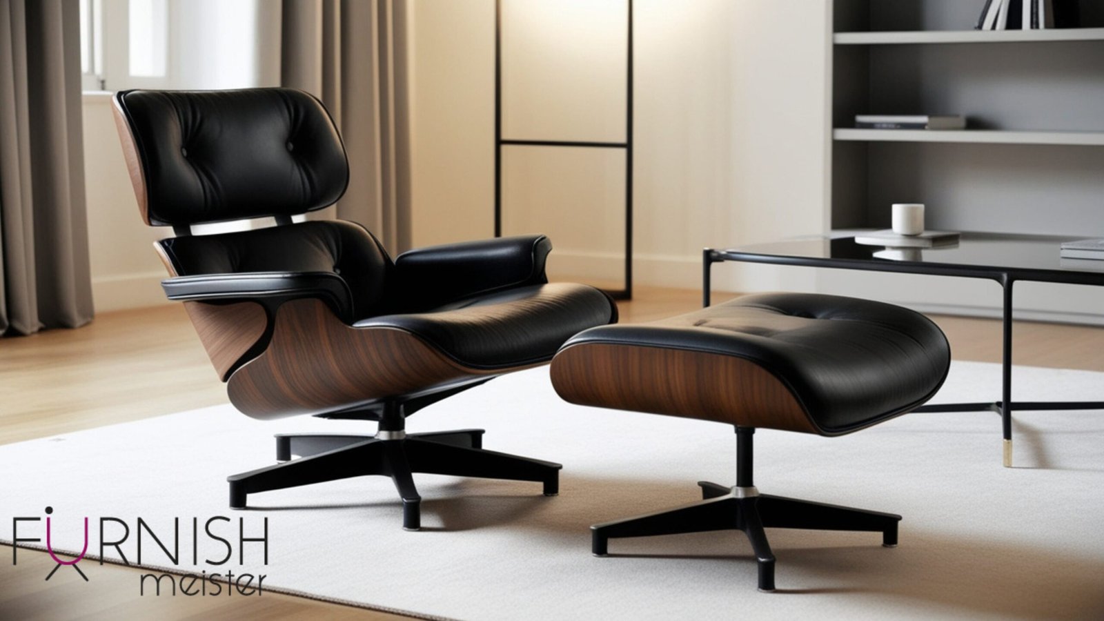 Eames Lounge Chair Replica with Ottoman in black leather and walnut wood finish, perfect for mid-century modern decor