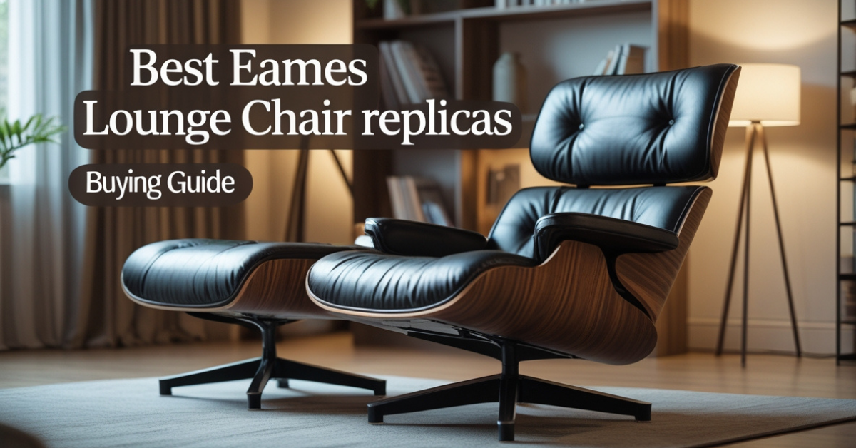 Best Eames lounge chair replica in walnut wood and black leather in a modern living room