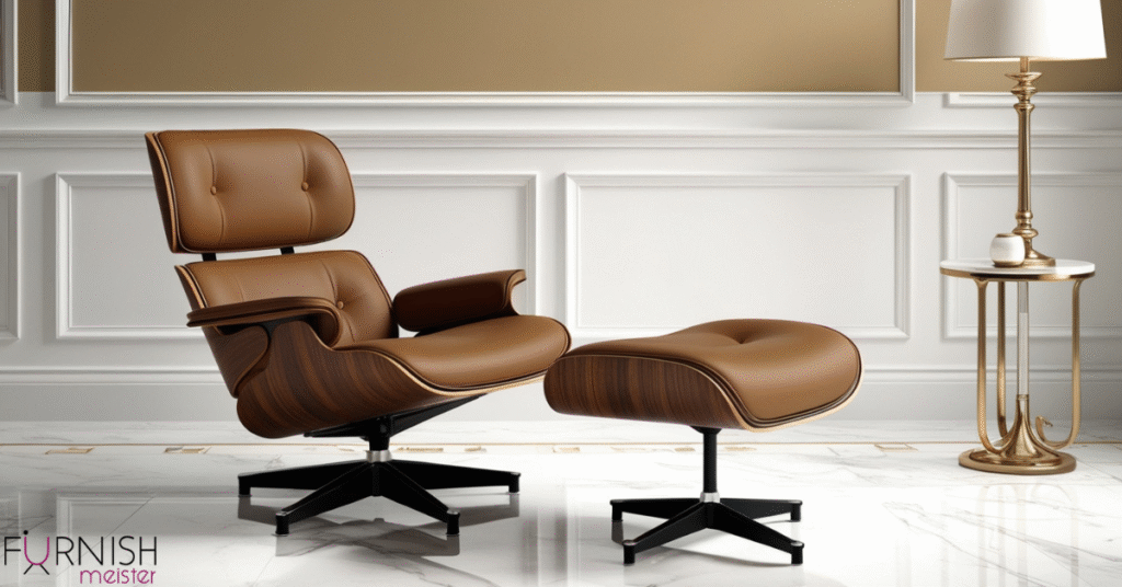 Charles and Ray Eames Lounge Chair replica in rosewood with tan brown leather, side view