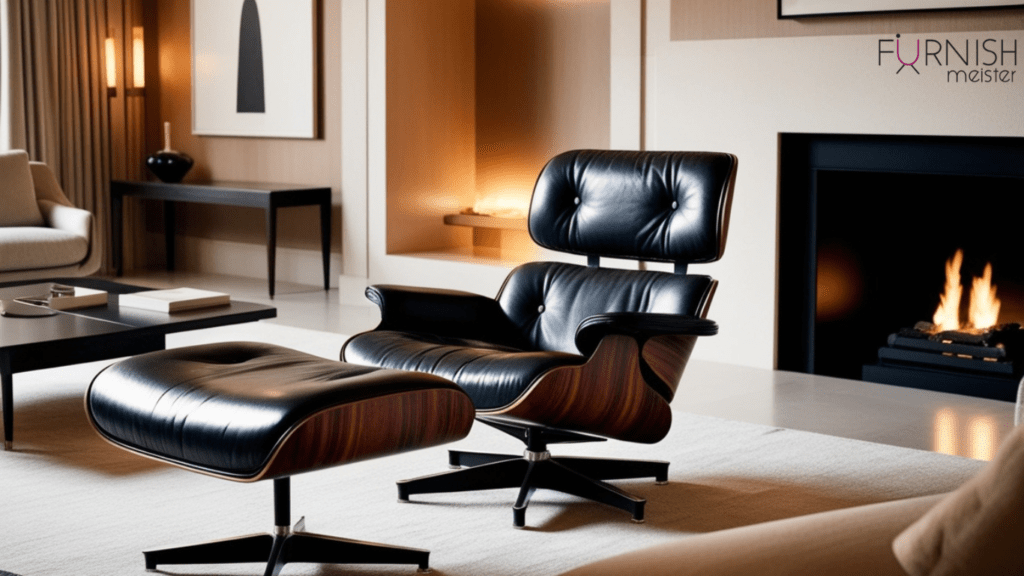 Lounge Chair Charles Eames in a luxurious living room setting, featuring walnut wood and black leather upholstery.